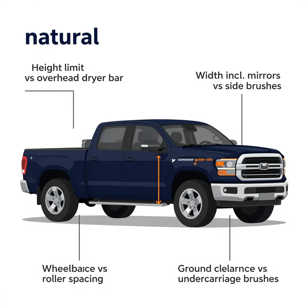 Technical diagram of a pickup truck inside an automatic wash bay showing height, mirror width, track width, wheelbase, and ground clearance limits