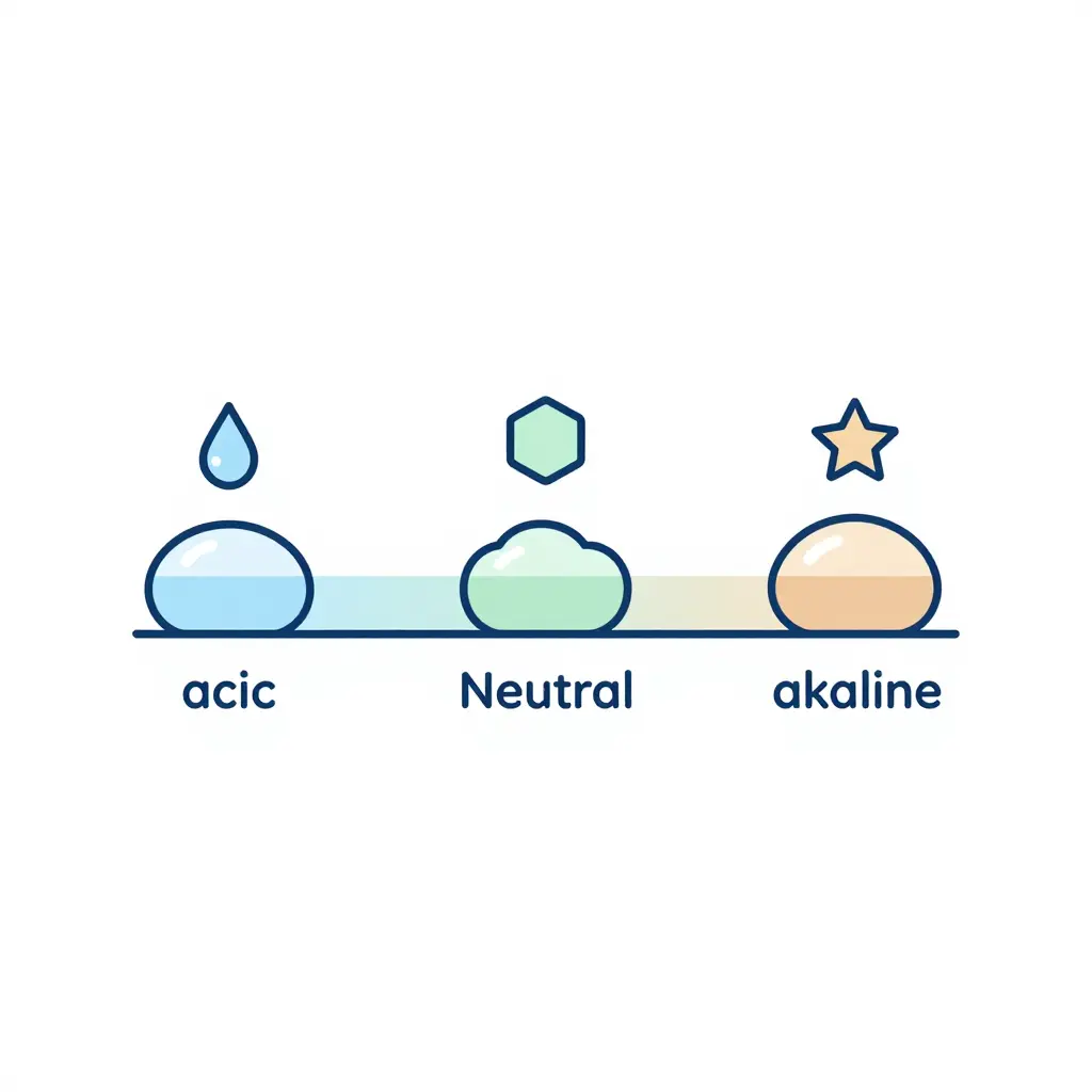 Horizontal pH scale bar from acidic to alkaline with abstract soap molecule shapes and soil-type icons