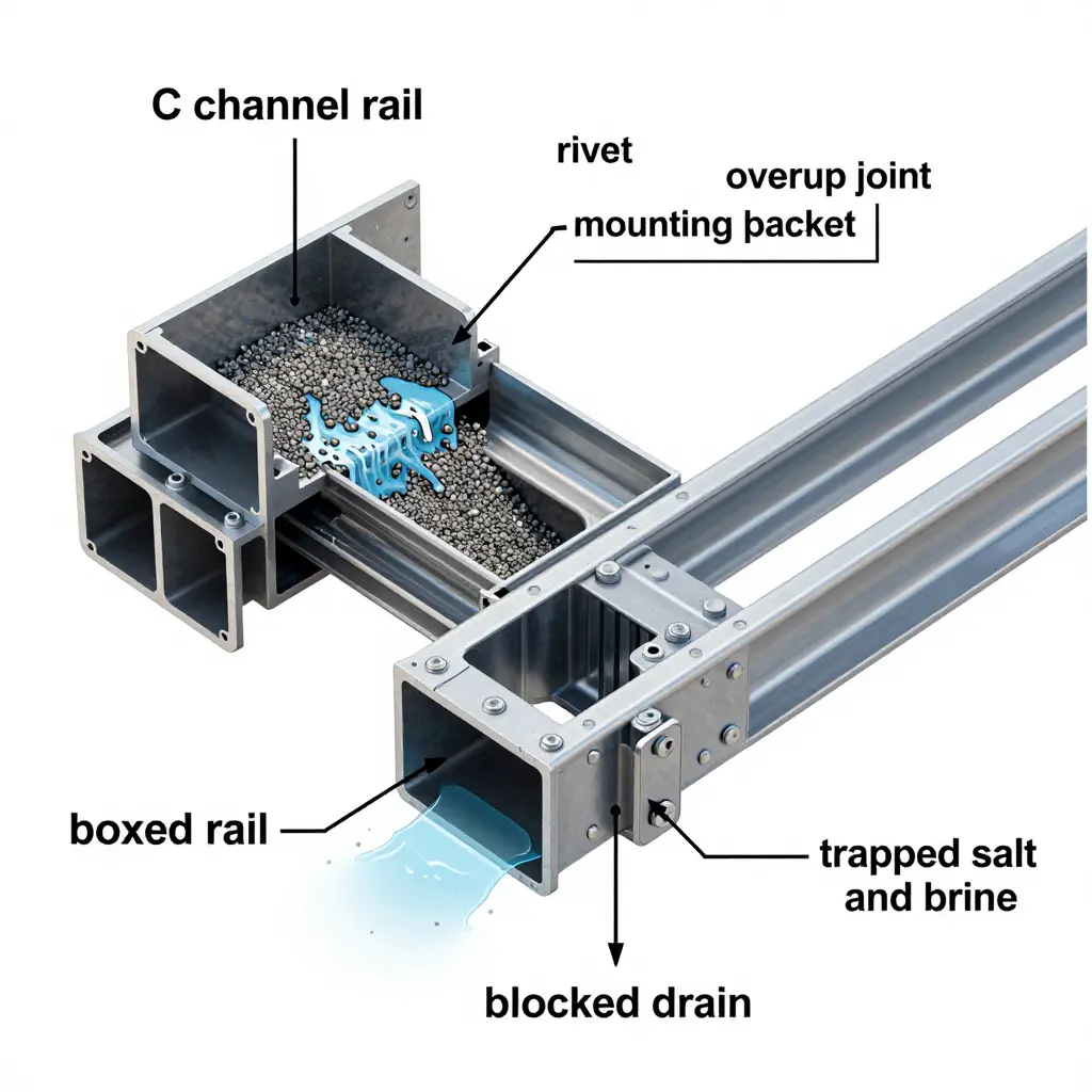 Cutaway diagram comparing an open C-channel and a fully boxed truck frame rail, showing salt-laden debris, overlap joints, rivets, mounting brackets, and blocked drain holes.
