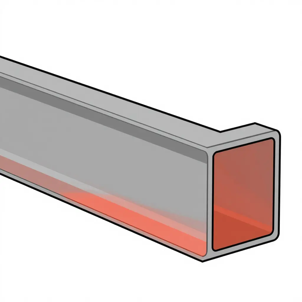 Simple 2D schematic cross-section of a truck frame rail showing a C-channel boxed profile with shaded zones marking where salt and brine accumulate along the lower inner flange, inside the enclosed internal cavity, and within joint overlaps