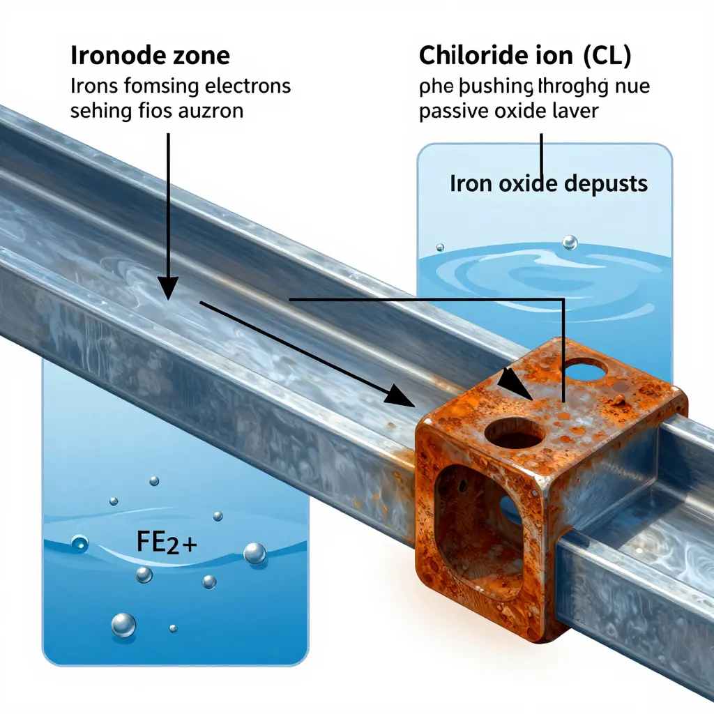 Electrochemical diagram of rust corrosion on truck steel showing the anode, cathode, and chloride ions breaking down the protective oxide layer