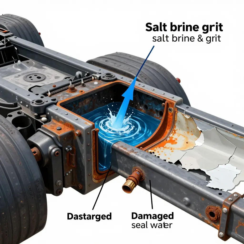 Cutaway diagram showing a high-pressure water jet forcing salt brine into a truck frame rail cavity while protective coatings peel and an electrical connector corrodes