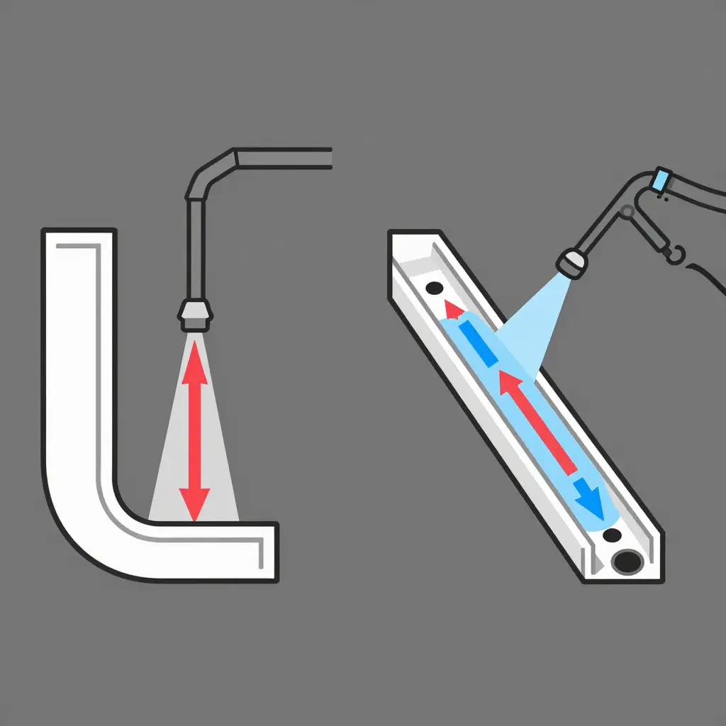 Flat schematic diagram comparing two ways of rinsing a truck C-channel frame rail. Left panel: a pressure wand points straight into the rail cavity, with red arrows showing the stream pushing brine and debris deeper inside. Right panel: a wand is angled to flush along the rail and out toward open drainage holes, with blue arrows showing water and salt exiting.