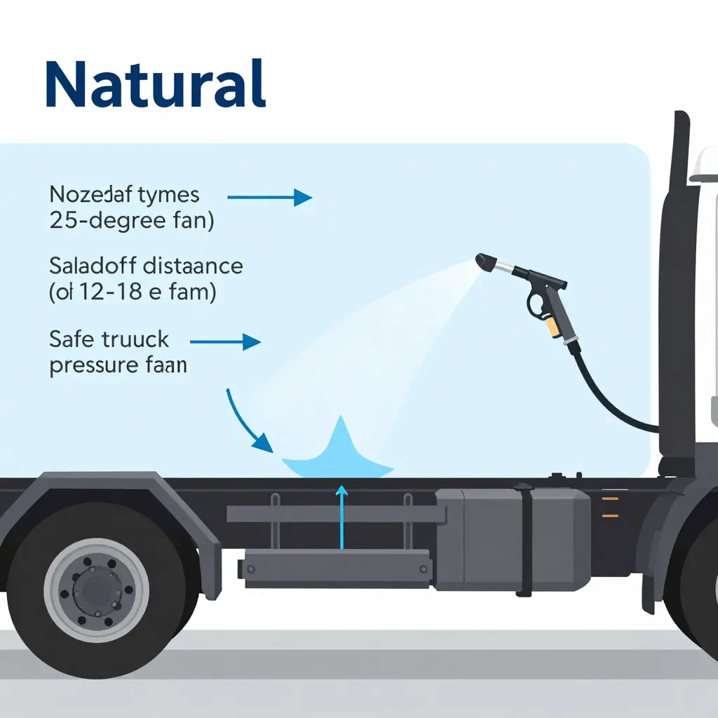 Diagram showing correct wand angle, standoff distance, and wash direction for truck undercarriage washing
