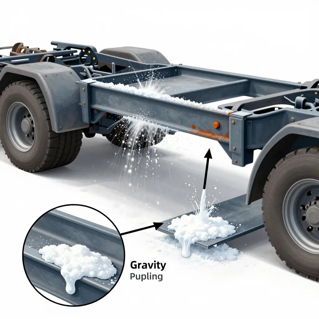 Technical cross-section of a truck undercarriage showing splash and spray, capillary action into a frame rail, gravity pooling on a crossmember ledge, and a residual brine film on steel.