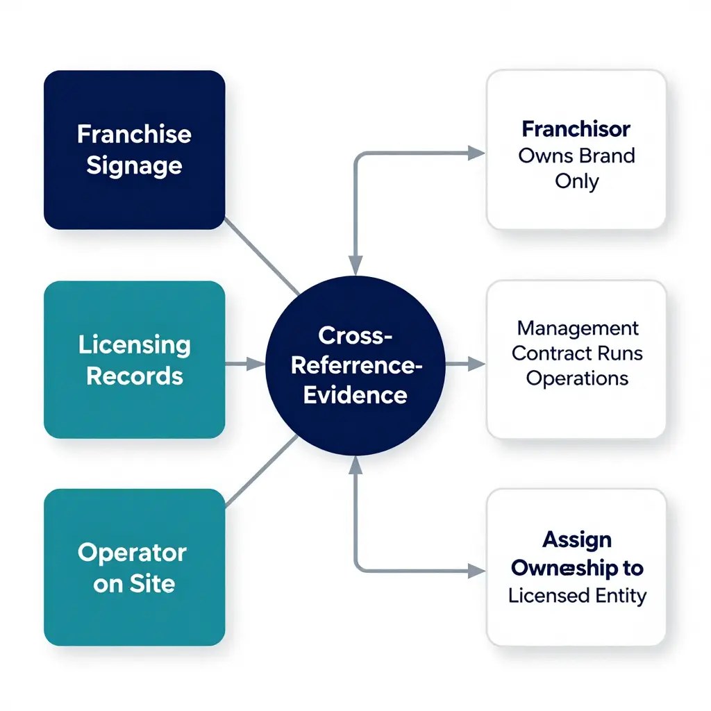 Flowchart showing franchise signage, licensing records, and the operator on site converging into a cross-reference step that assigns ownership to the licensed entity
