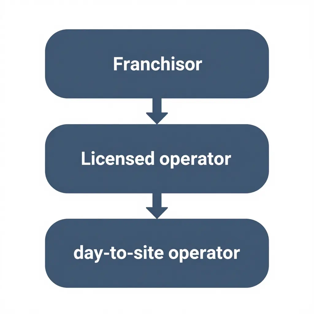 Layered ownership structure diagram showing the brand/franchisor layer on top, the licensed operator entity in the middle, and the day-to-day site operator at the bottom, connected by vertical relationship arrows
